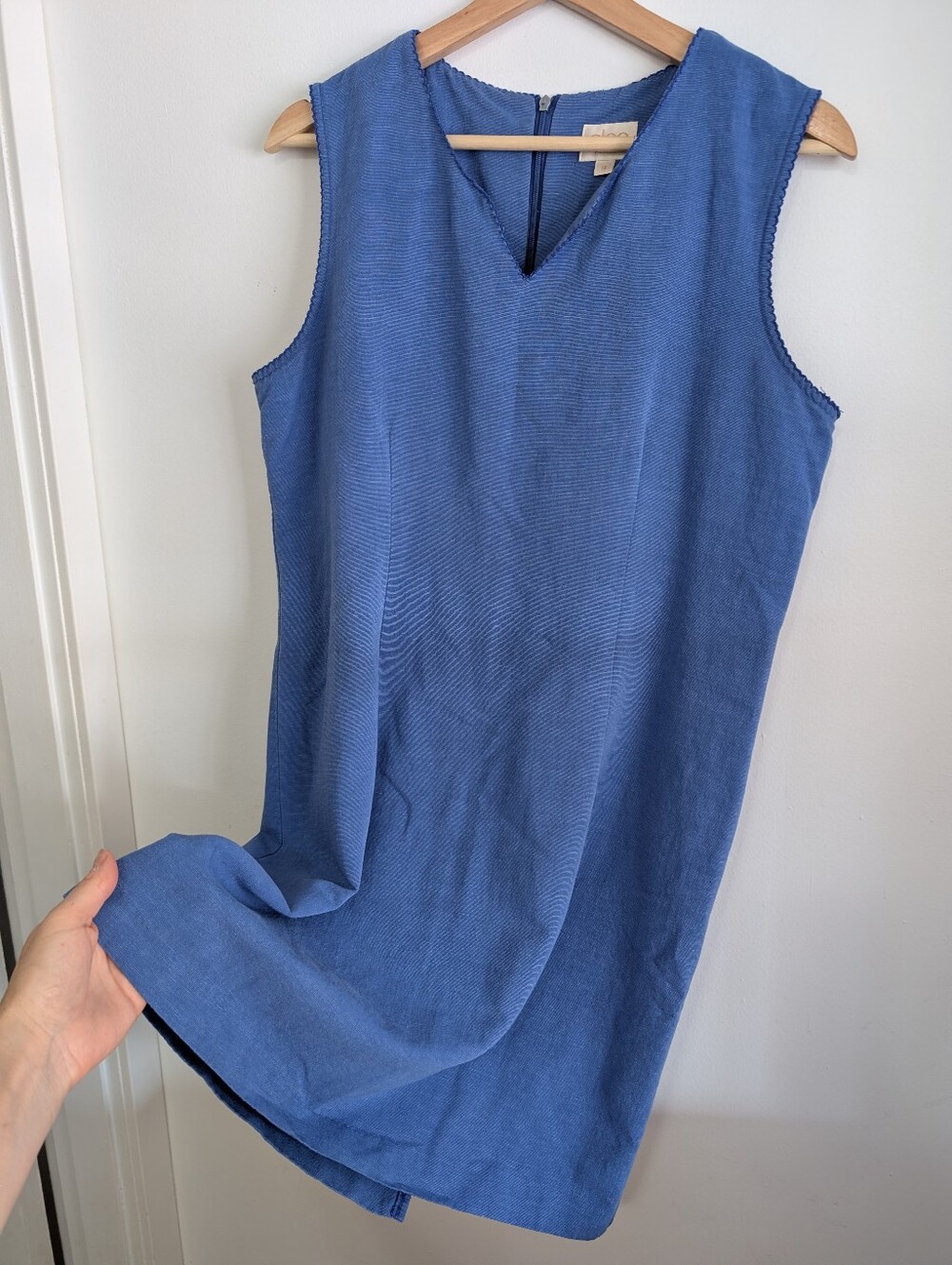 Vintage Large Midi Dress Cleo Petites 90s Blue Linen Filigree Sleeveless Casual